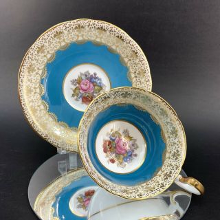 Aynsley Blue Turquoise Floral Teacup & Saucer Bone China England Tea Cup Bx3