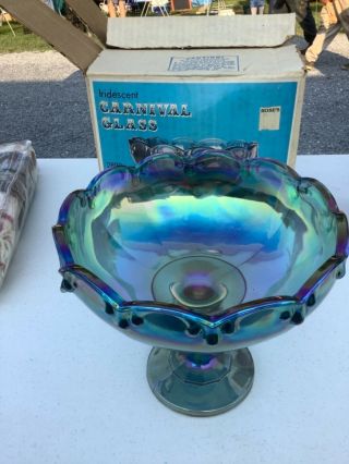 Indiana Iridescent Garland Carnival Glass Compote Large Fruit Pedestal Bowl Blue
