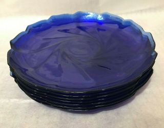 7 Arcoroc France Cobalt Blue Swirl Glass Dinner Plates 9 - 1/2” In Diameter