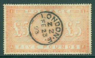 Sg 137 £5 Orange.  Very Fine With A London Cds,  Feb 23rd 1893.