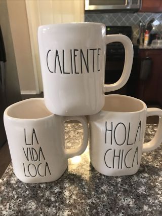 Rae Dunn Spanish Mugs Caliente La Vida Loca Hola Chica Coffee Tea Mugs