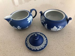 Antique Wedgwood Dark Blue Dipped Jasperware Sugar Bowl With Lid And Creamer