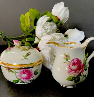 Meissen Crossed Swords Double Gold Pink Rose Sugar Bowl And Creamer