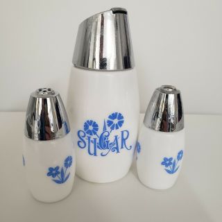 Gemco Blue Cornflower Corning Salt & Pepper Shakers Sugar Shaker With Metal Lid
