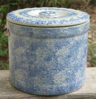 Antique Stoneware Blue Spongeware Butter Crock Mccoy Pottery Swastika W Lid