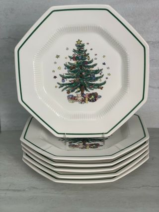 (6) Christmastime By Nikko Dinner Plates Octagonal Christmas Tree Euc