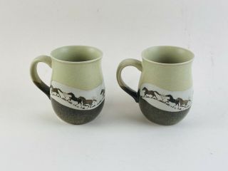 Set 2 - Vintage Otagiri Pottery Stoneware Art Mug Wild Horses 4 " Tall Hand Craft