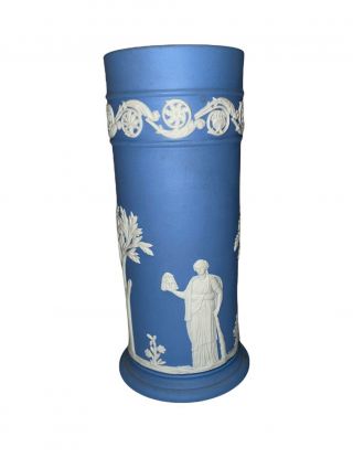 Vintage Wedgwood Blue & White Jasperware Flower Spill Cylinder Vase