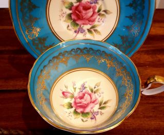Aynsley Cup And Saucer Floating Rose Turquoise Gold Gilt