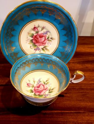 AYNSLEY CUP AND SAUCER FLOATING ROSE TURQUOISE GOLD GILT 2