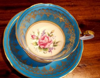 AYNSLEY CUP AND SAUCER FLOATING ROSE TURQUOISE GOLD GILT 3