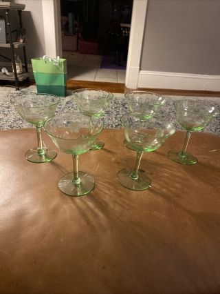 Vintage Green Uranium Depression Glass Floral Etched Dessert Wine Cup Set Of 4