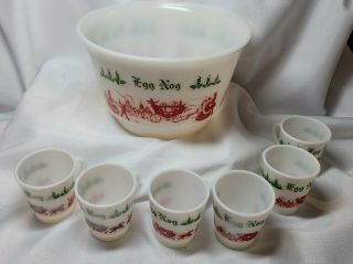 Vintage Tom Jerry Milk Glass Punch Bowl Egg Nog Set Hazel Atlas 6 Cups Red Wagon