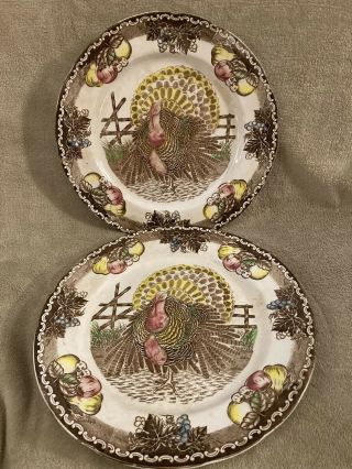 Vtg King Tom Amer.  Trad.  Thanksgiving Turkey Dinner Plates 11 3/8 " Set Of 2
