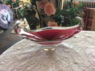 Flygsfors 62 Sweden Cased Art Glass Bowl Pink Cranberry Signed Coquille