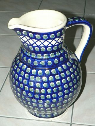 Boleslawiec Polish Pottery Pitcher Blue Green White Hand Made In Poland 9 1/2 "