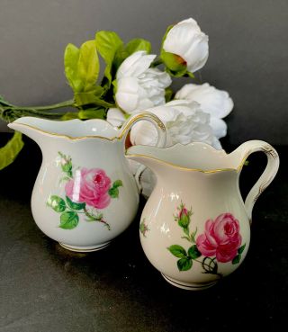 Meissen Crossed Swords Double Gold Pink Rose Small Cream Pitchers