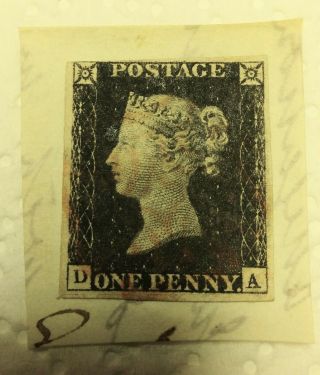 Great Britain,  1,  1840 Penny Black,  3 Margins,  Light Red Cancel,  On Piece