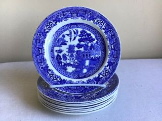 Vintage Set Of 8 Blue Willow Woods Ware Wood & Sons England Salad Plates 7 " D