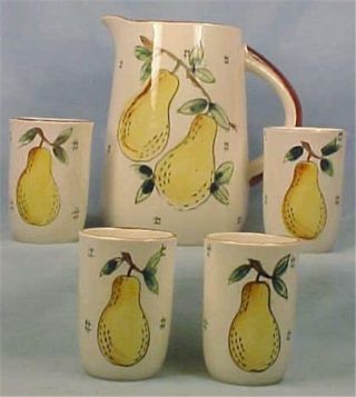 Vintage Pears Juice Set Pitcher 4 Cups Hand Painted Retro Pottery