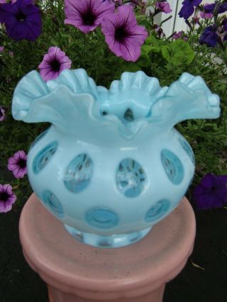 Fenton Aqua/blue Opalescent Coin Dot Fluted Rose Bowl (vase)