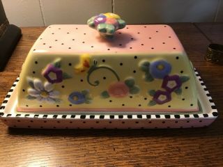 Rare Mary Engelbreit Vintage Ceramic Covered Butter Dish Flowers On Top