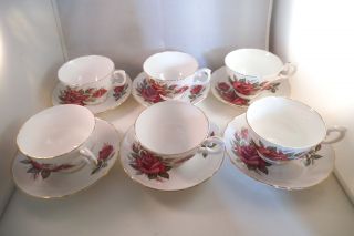 Vintage Crown Staffordshire Bone China Set Of 6 Cups & Saucers Red Roses