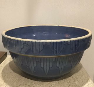 Vintage Blue Salt Glaze 8” Stoneware Picket Fence Crock Mixing Bowl
