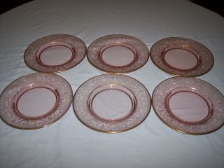 Set Of 6 Vintage Pink Depression Etched Gold Trim Luncheon Plates