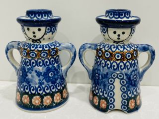 Boleslawiec Polish Pottery Candle Holders Man Lady Pair Set First Quality