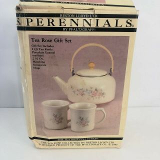 Pfaltzgraff Perennials Tea Rose Gift Set 2 Qt Enamel Tea Kettle And 2 Mugs