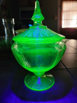 Vintage Green Uranium Depression Vaseline Glass Footed Candy Dish With Lid Chip