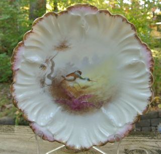 Antique French Hand Painted Bird Limoges Porcelain Scalloped Plate