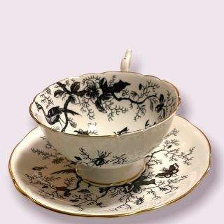 Coalport English Bone China Teacup & Saucer Black Cairo Pattern