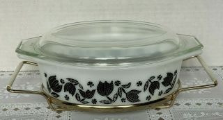 Pyrex 1957 Black Tulip Promotional Casserole 1.  5 Qt With Stand