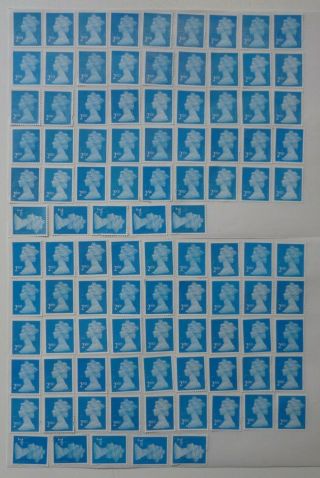Gb - 100 X 2nd Class Self Adhesive Blue Unfranked Off Paper No Gum Stamps