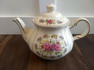 Vintage Sadler England Teapot Pink Roses Cosmos Wildflowers Cottage Core