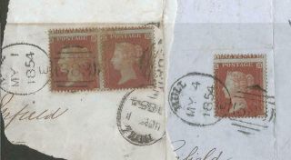Gb Qv 1d Red Stars Miss Perf.  On Pieces With 1854 Hull Spoon Postmark