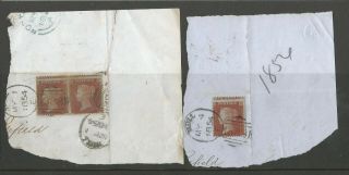 GB QV 1d RED STARS MISS PERF.  ON PIECES WITH 1854 HULL SPOON POSTMARK 2