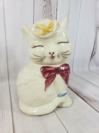 Shawnee Pottery Puss N Boots 10 " Cat Cookie Jar Yellow Bird Pink Bow Vintage