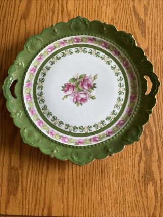 Antique Mz Austria Hand Painted Roses Scalloped 12 " Porcelain Handled Cake Plate