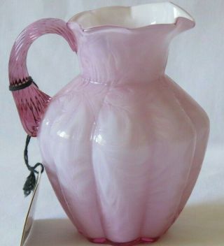 Fenton Glass Fern Optic Dusty Rose Pink Overlay Cased Melon Pitcher Rose Handle