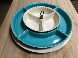 Vintage Mid Century Lazy Susan Chip And Dip Pottery Snack 375b Kitsch Turquoise