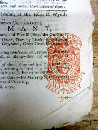 1790 British Newspaper With A Red Halfpenny Tax Stamp On The Front Page