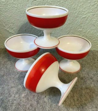 Hazel Atlas White Milk Glass Red Stripe Band Footed Sherbet Cups Dessert Bowls
