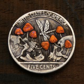 Hobo Nickel Poisonous Mushrooms Hand Engraved Carved 1936 Buffalo Coin