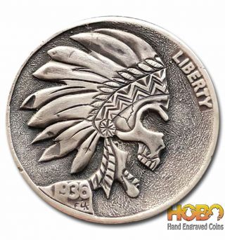 Hobo Nickel Coin 1936 Buffalo " Indian Zombie " Hand Engraved Irmantas Kucinskas