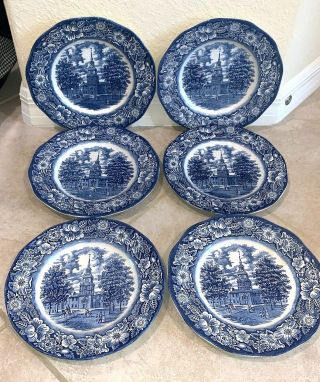 Staffordshire Liberty Blue Dinner Plates 10 " Independence Hall Colonial Set Of 6