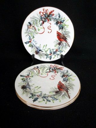 Lenox Winter Greetings Set Of 3 Salad Plates Red Ribbons Birds Holly Gold Trim