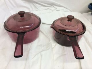 Vision Corning Ware Cranberry Glass Pans Pots 4 Pc,  1 & 2.  5 Liter